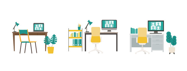 Video conferencing at home office. Teleconference via monitor.