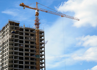 Fototapeta premium Construction of a modern frame residential building. Tower construction crane.
