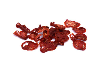 Sun dried tomatoes isolated on white with smooth shadow. Large depth of field