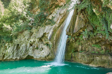 La Calavera waterfall on the Borosa river. Sierra de Cazorla, Segura and Las Villas Natural Park. Jaen. Andalusia. Spain