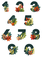 Autumn digits. Vector set of numbers from 0 to 9, decorated of colorful fall leaves. Design template elements for seasonal sale posters, web advertising, promotion and anniversary cards.