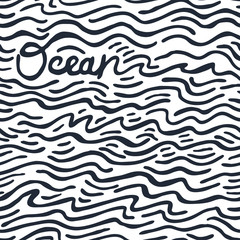Seamless pattern with black waves and inscription ocean. Design for backdrops with sea, rivers or water texture. Repeating texture. Print for the cover of the book, postcards, t-shirts.