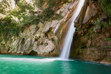 La Calavera waterfall on the Borosa river. Sierra de Cazorla, Segura and Las Villas Natural Park. Jaen. Andalusia. Spain