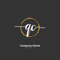 Q C QC Initial handwriting and signature logo design with circle. Beautiful design handwritten logo for fashion, team, wedding, luxury logo.