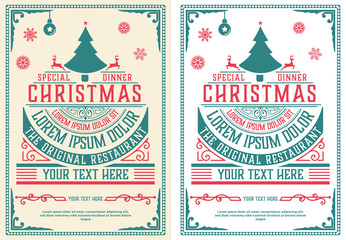 Christmas party flyer retro typography and ornament decoration. Christmas holidays invitation or poster design. Vector illustration.