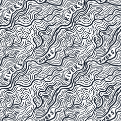Seamless pattern with black waves and inscription rivers. Design for backdrops with sea, rivers or water texture. Repeating texture. Print for the cover of the book, postcards, t-shirts.