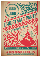 Christmas party flyer retro typography and ornament decoration. Christmas holidays invitation or poster design. Vector illustration.