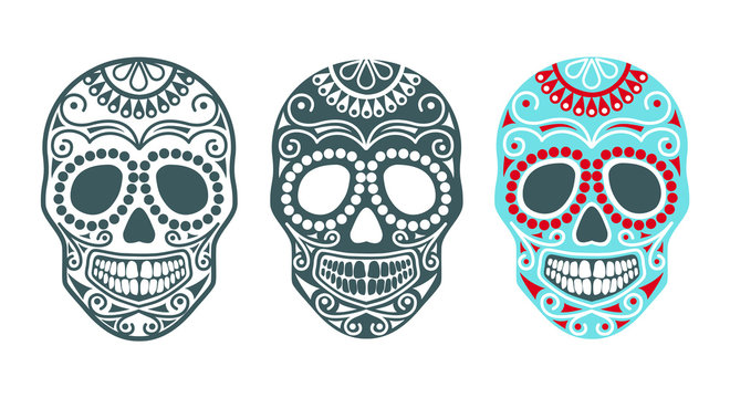 Set of sugar skulls for the day of the dead or halloween. Vector silhouettes of human skulls with patterns. Templates and stencils for the festive decor or tatoo . Skull head traditional mexican symbo