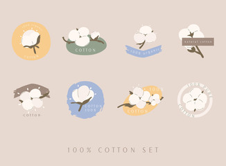 Set of cotton vector labels/tags. Hand drawn, typographic style icons or badges, stickers, signs.