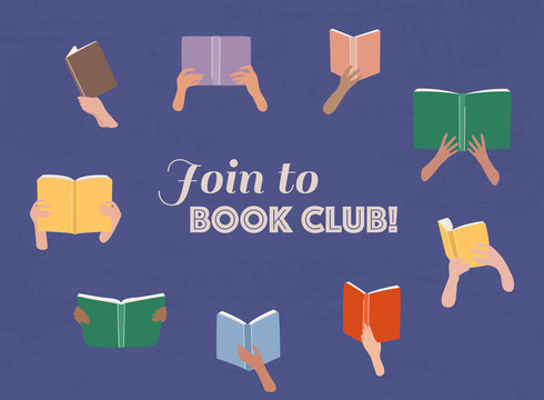 Vector cartoon illustration of Reading club. Open books in hands.