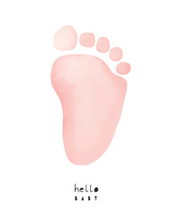 Baby Shower Vector Card. Pink Baby Footprint Isolated on a White Background. Hello Baby. Cute Baby Girl Party Invitation. Watercolor Style Art.