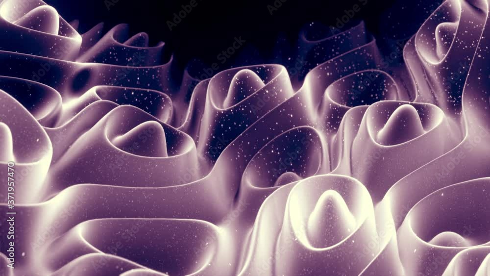 Poster abstract waves of soft black matte material with light inner glow and glitters on morphing surface. 