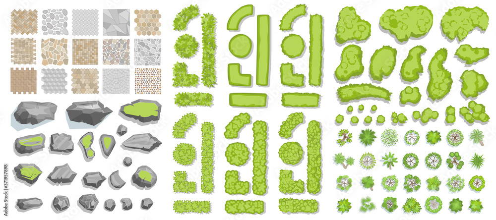 Sticker Set of park elements. (Top view) Collection for landscape design, plan, maps. (View from above) Paths, stones, green fences, bushes and trees.