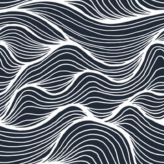 Seamless pattern with black noise linear waves. Design for backdrops and colouring book with sea, rivers or water texture. Repeating texture. Figure for textiles.