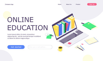 Isometric online education study web template, computer learn and book library flat design vector illustration
