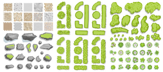 Set of park elements. (Top view) Collection for landscape design, plan, maps. (View from above) Paths, stones, green fences, bushes and trees. - 371957898