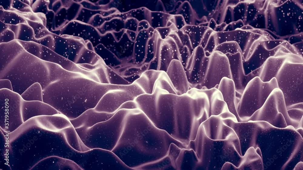 Poster abstract waves of soft black matte material with light inner glow and glitters on morphing surface. 