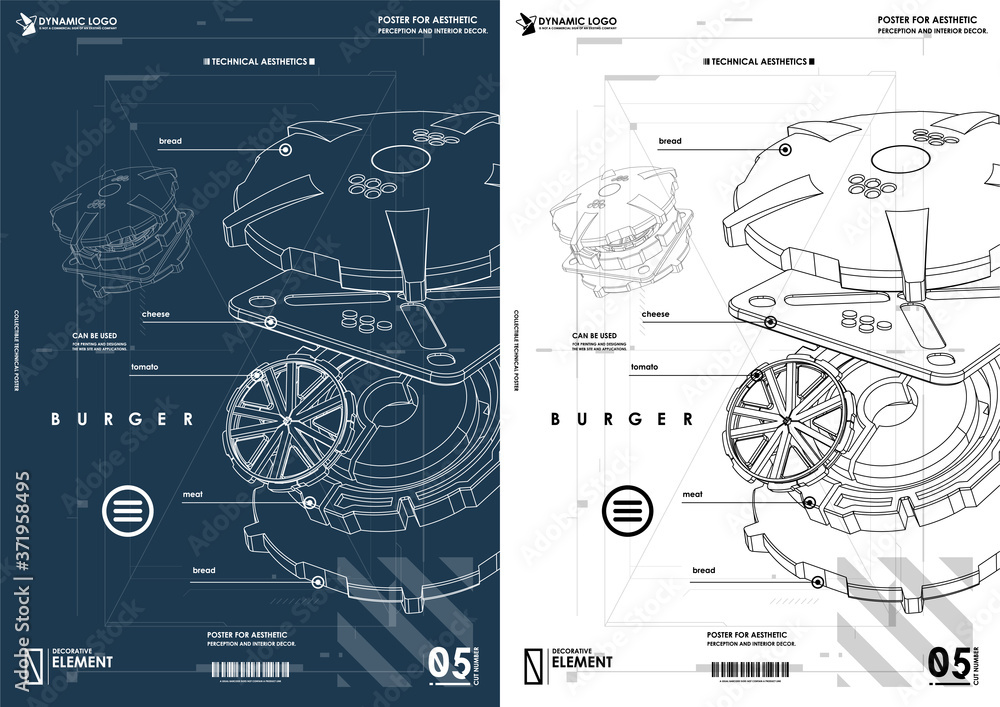 Poster hamburger in a technical style. design and development, testing, seo, social marketing, web technolo