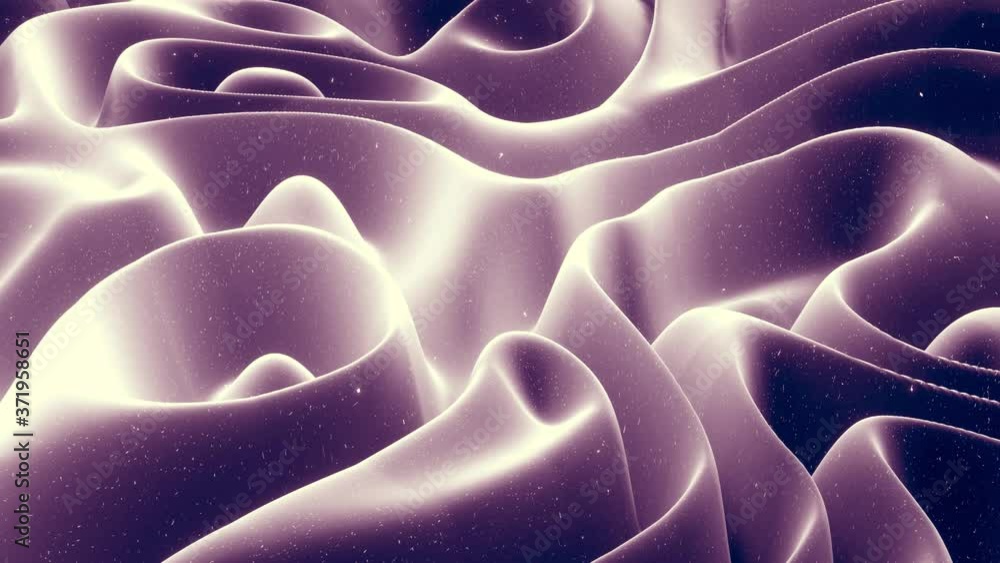 Poster abstract waves of soft black matte material with light inner glow and glitters on morphing surface. 