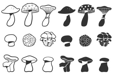 Mushrooms black silhouettes vector cartoon set isolated on a white background.