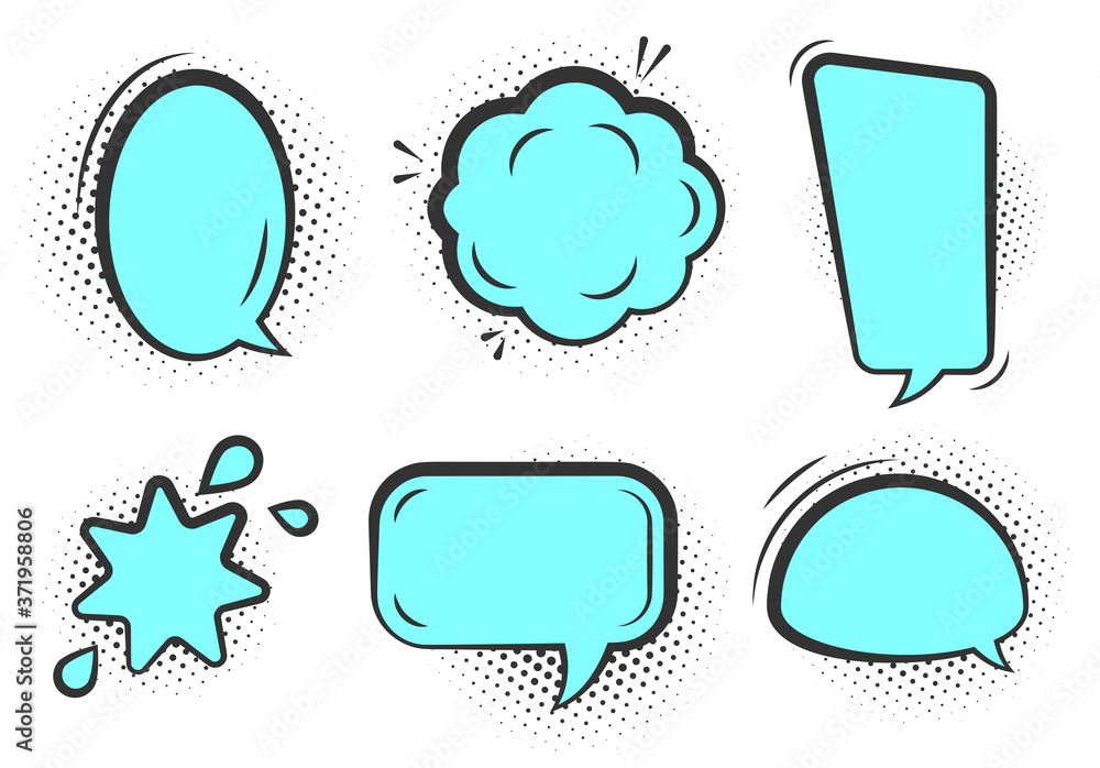 Poster comic speech bubble set. cartoon empty text clouds with halftone dot shadow. different shapes blank 