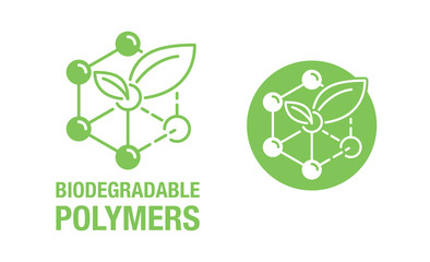 Biodegradable polymers icon - green emblem with plastic polymer molecular structure and plant leaf inside - eco-friendly plastic products marking