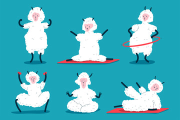 Funny llama doing fitness and yoga exercises vector cartoon characters set isolated on background. © Roi_and_Roi