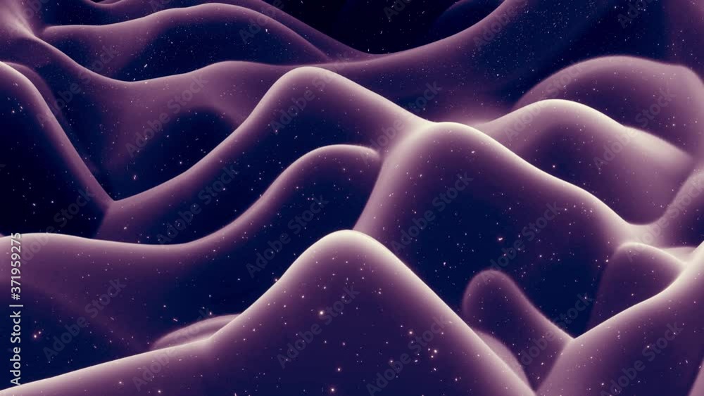 Poster abstract waves of soft black matte material with light inner glow and glitters on morphing surface. 