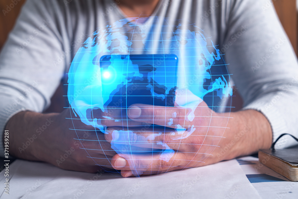 Poster man using phone. hands typing smartphone. double exposure with world map planet earth hologram. clos