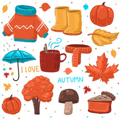 Cozy autumn elements vector cartoon set isolated on a white background.