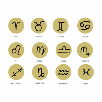 Zodiac signs set in round isolated on white background. Star signs for astrology horoscope. Zodiac hand drawn symbols. Astrological calendar collection, horoscope constellation vector illustration.