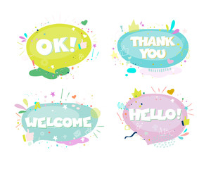 Vector set of hand drawn colorful comic speech bubbles with phrases Hi, Hello, I love you, Yes, Wow, Bye, Welcome, 100%, Ok.