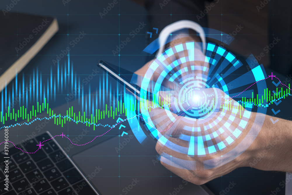 Poster Businessman search and analyze using on-line app on phone. Financial graph hologram.