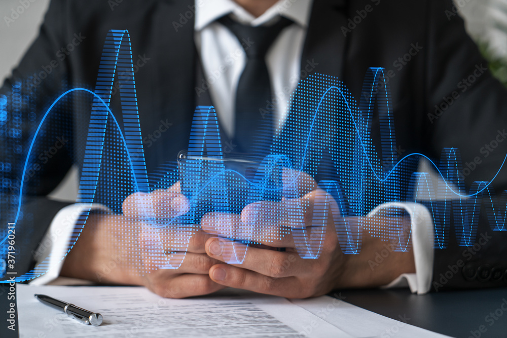 Poster businessman search and analyze using on-line app on phone. financial graph hologram.