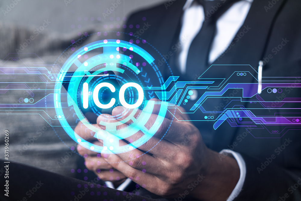 Poster businessman search and analyze using on-line app on phone. ico icon hologram.