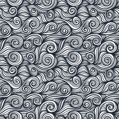 Seamless pattern with black twisted lines waves. Design for backdrops and colouring book with sea, rivers or water texture. Repeating texture. Print for the cover of the book, postcards.