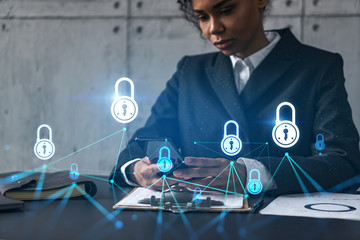 Businesswoman using phone, work in modern office on new project. Double exposure. Concept of success. Lock security hologram.