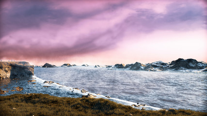 view of the sea from the top of the hill sunset 3d render