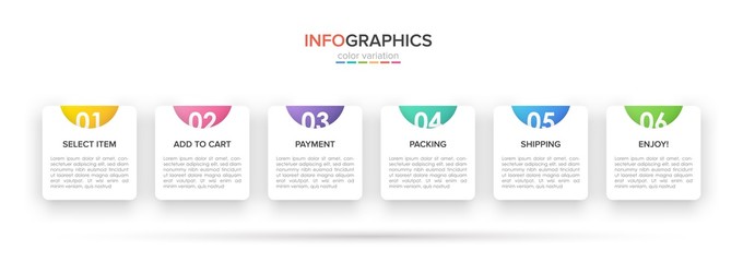 Concept of shopping process with 6 successive steps. Six colorful graphic elements. Timeline design for brochure, presentation, web site. Infographic design layout.