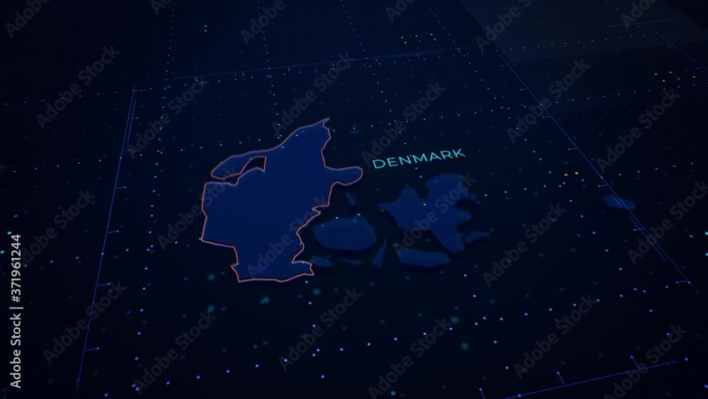Poster 3d render of denmark map. camera flying through digital space.