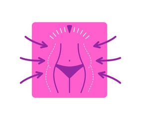 Lose weight icon or logo - fat woman  body in dashed line, scales and slim figure in main color - conceptual vector illustration
