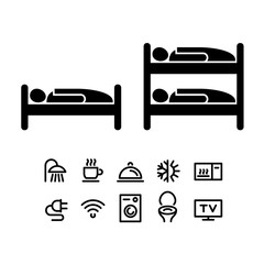 Hotel or hostel icon set - navigation signs for booking rental services - sleeping place, bunk bed and small hotel services icons - vector monochrome stencil 