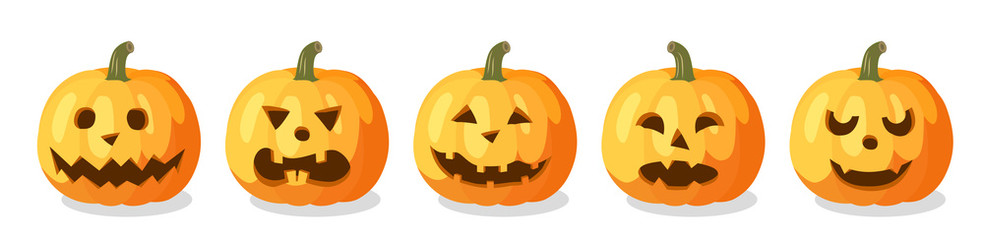 Set of orange pumpkins with smile on white background. Emotional face for design. Cartoon flat vector illustration.