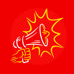 Hand holding loudspeaker - drawn illustration on red background for message and promotion decoration