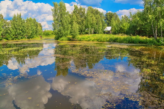 Reflection of the sky with clouds in the water of forest lake © allegro60