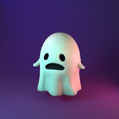 3D render illustration of frightening and sad Ghost sign on violet background. Happy Halloween banner 