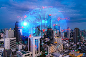 Glowing hologram of Earth planet map on aerial panoramic cityscape of Bangkok at sunset, Asia. The concept of international business. Multi Exposure.