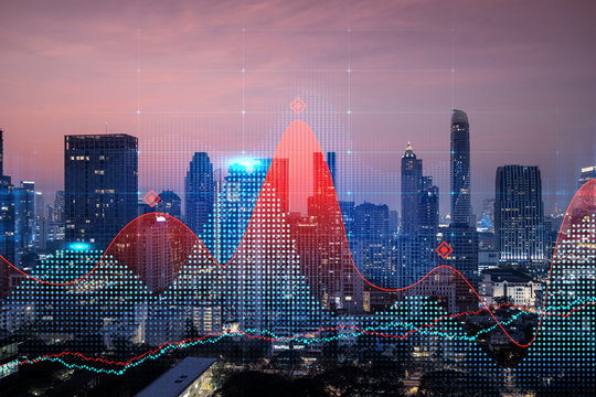 Glowing FOREX graph hologram, aerial panoramic cityscape of Bangkok at sunset. Stock and bond trading in Asia. The concept of fund management. Double exposure.