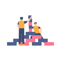the concept of teamwork, building cohesiveness, balance. illustration of a team working together to arrange a grid to become a tower. flat design. can be used for elements, landing pages, UI, websites