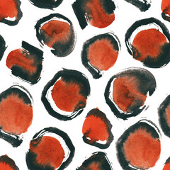 Seamless pattern of watercolor paint leopard spotes against white background.  - 371964873